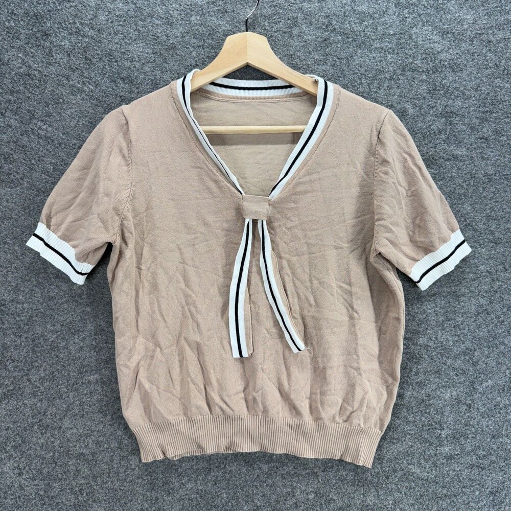 Unbranded Blouse Women M Medium Beige Striped V-Neck Short Sleeve Pullover